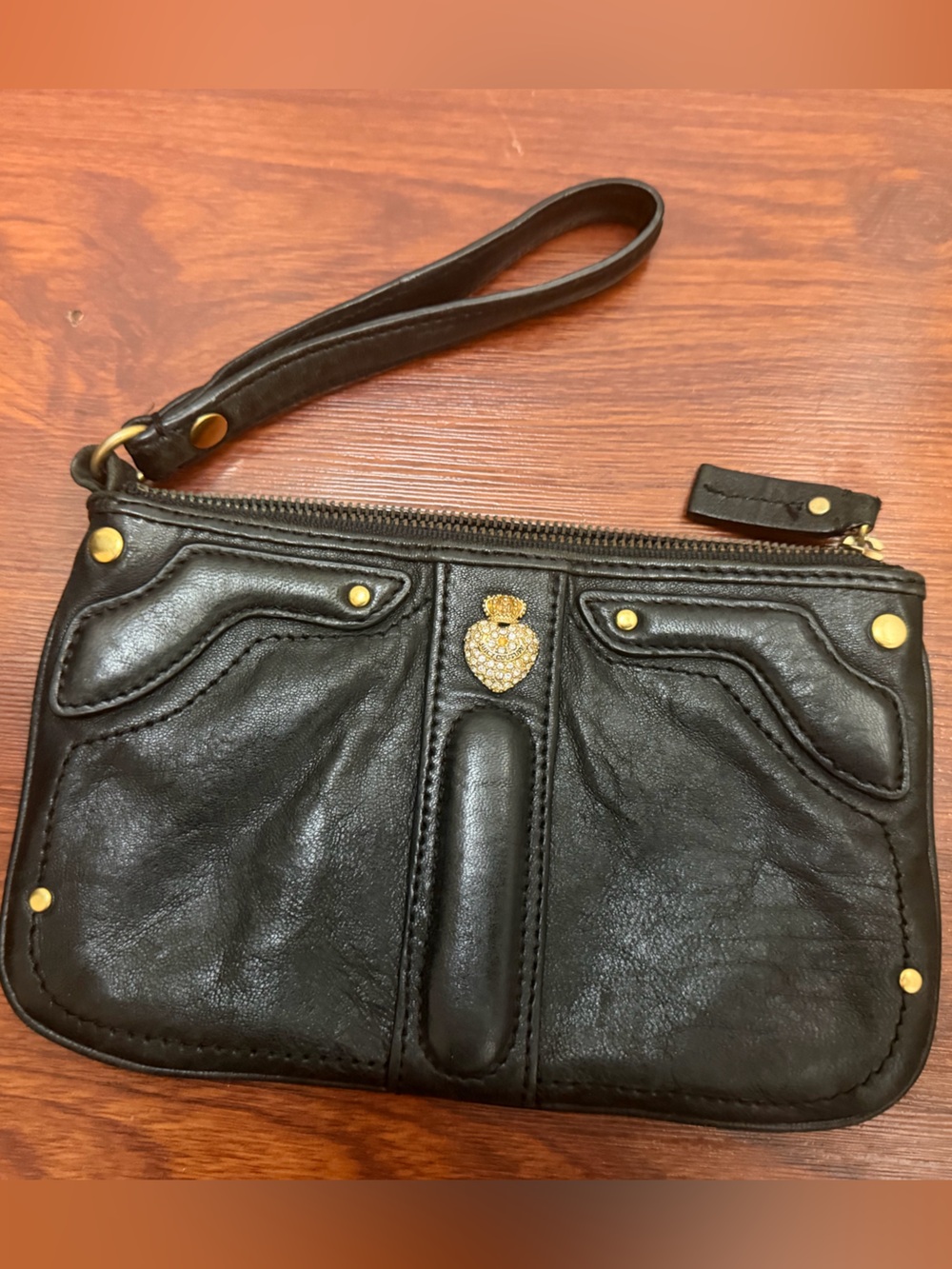 Juicy Couture Black Genuine Leather Gold Hardware Vintage Y2K Wristlet Clutch